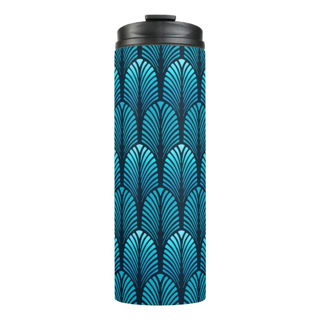 Art Deco Feather Pattern, Cerulean Blue  Thermal Tumbler (Front)
