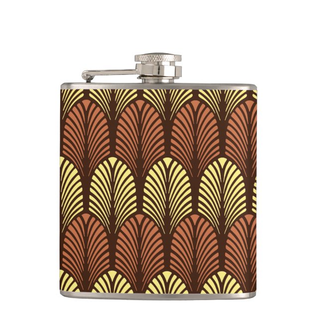 Art Deco Feather Pattern, Dark Brown and Rust Hip Flask (Front)