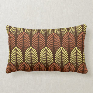 Art Deco Feather Pattern, Dark Brown and Rust Lumbar Cushion