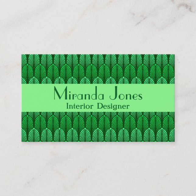 Art Deco Feather Pattern, Emerald Green  Business  Card (Front)