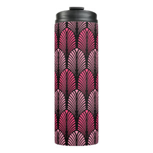Art Deco Feather Pattern, Fuchsia Pink and Black Thermal Tumbler