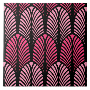 Art Deco Feather Pattern, Fuchsia Pink and Black Tile