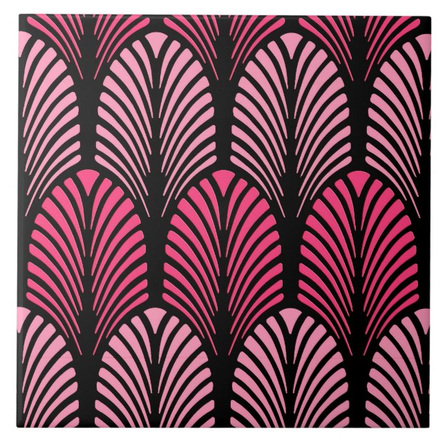 Art Deco Feather Pattern, Fuchsia Pink and Black Tile (Front)