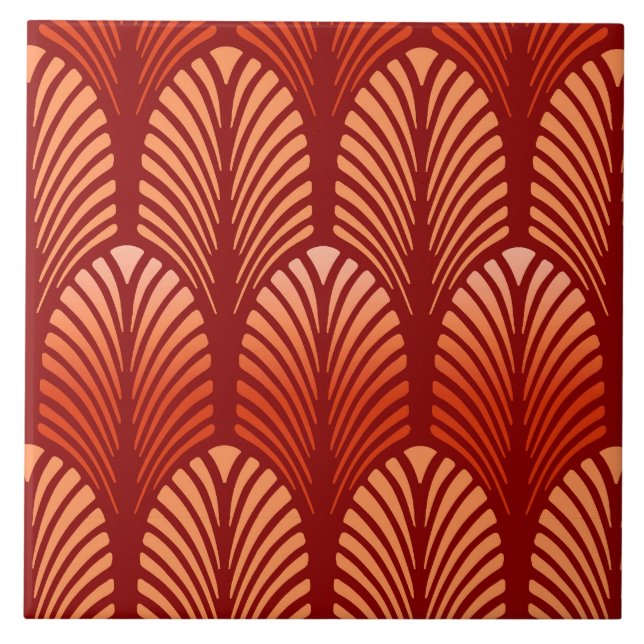 Art Deco Feather Pattern, Mandarin Orange Ceramic Tile (Front)
