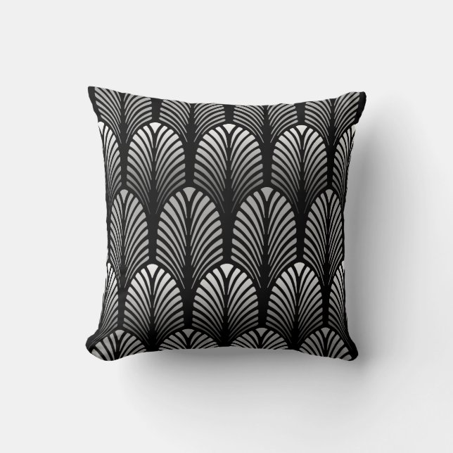 Art Deco Feather Pattern, Silver Grey and Black Cushion (Front)