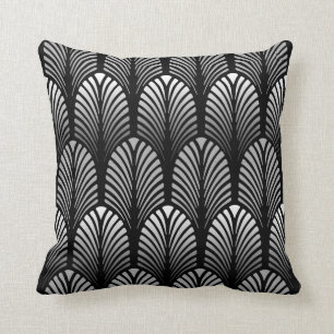 Art Deco Feather Pattern, Silver Grey and Black Cushion