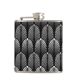 Art Deco Feather Pattern, Silver Grey and Black Hip Flask