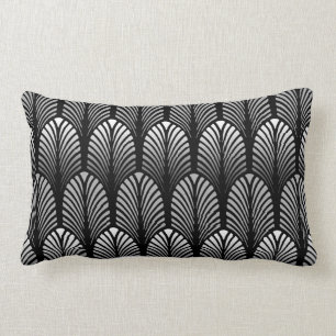 Art Deco Feather Pattern, Silver Grey and Black Lumbar Cushion