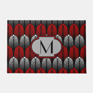 Art Deco Feather Pattern, Silver Grey and Red Doormat