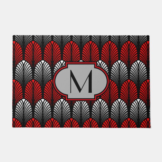 Art Deco Feather Pattern, Silver Grey and Red Doormat (Front)