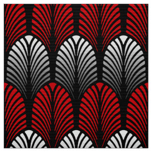 Art Deco Feather Pattern, Silver Grey and Red Fabric
