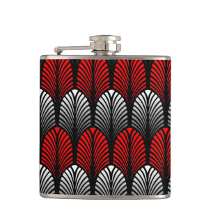 Art Deco Feather Pattern, Silver Grey and Red Hip Flask
