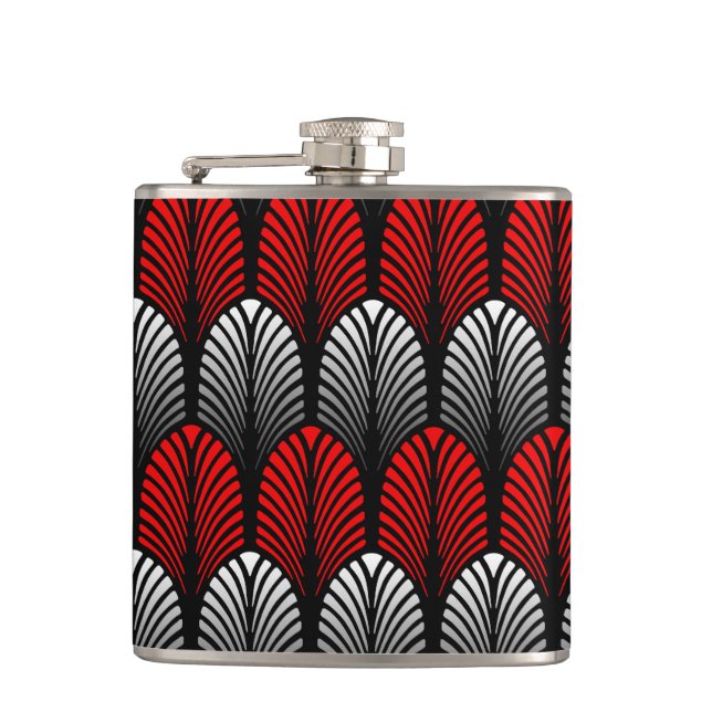 Art Deco Feather Pattern, Silver Grey and Red Hip Flask (Front)