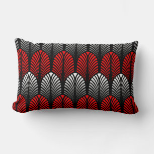 Art Deco Feather Pattern, Silver Grey and Red Lumbar Cushion