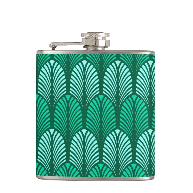 Art Deco Feather Pattern, Turquoise and Aqua Hip Flask (Front)