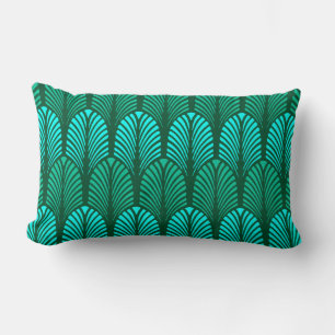 Art Deco Feather Pattern, Turquoise and Aqua Lumbar Cushion