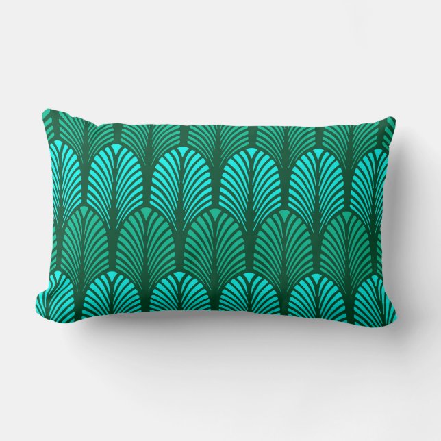 Art Deco Feather Pattern, Turquoise and Aqua Lumbar Cushion (Front)