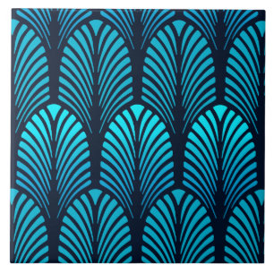 Art Deco Feather Pattern, Turquoise and Navy Ceramic Tile