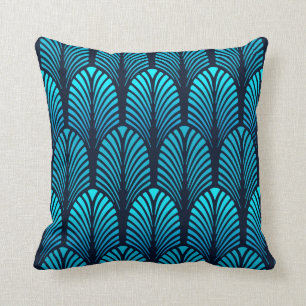 Art Deco Feather Pattern, Turquoise and Navy Cushion