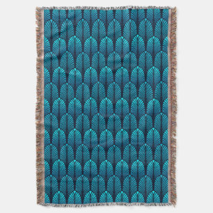 Art Deco Feather Pattern, Turquoise and Navy Throw Blanket