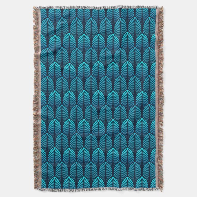 Art Deco Feather Pattern, Turquoise and Navy Throw Blanket (Front Vertical)