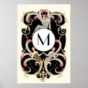 ART DECO FEATHERS ,BEAUTY FASHION COSTUME MONOGRAM POSTER