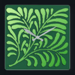 Art Deco fern pattern - shades of green Square Wall Clock<br><div class="desc">A stylised,  Art Deco fern wallpaper pattern in a soft,  shaded,  green gradient against a deep,  emerald green background</div>