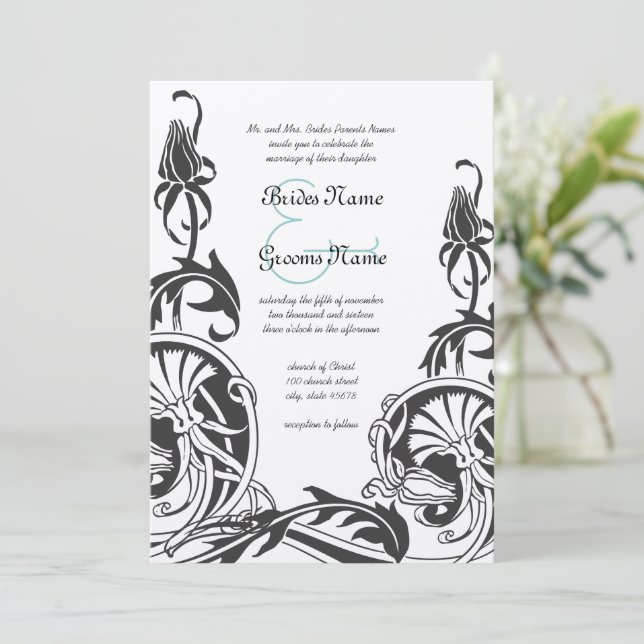Art Deco Filigree Aesthetic Floral Scroll Wedding  Invitation (Standing Front)