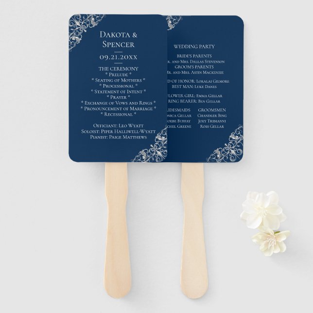 Art Deco Filigree | Navy Blue Silver Grey Program Hand Fan (Front and Back)