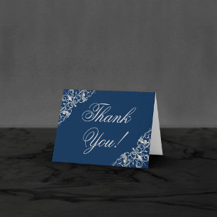 Art Deco Filigree   Navy Blue Silver Grey Wedding Thank You Card