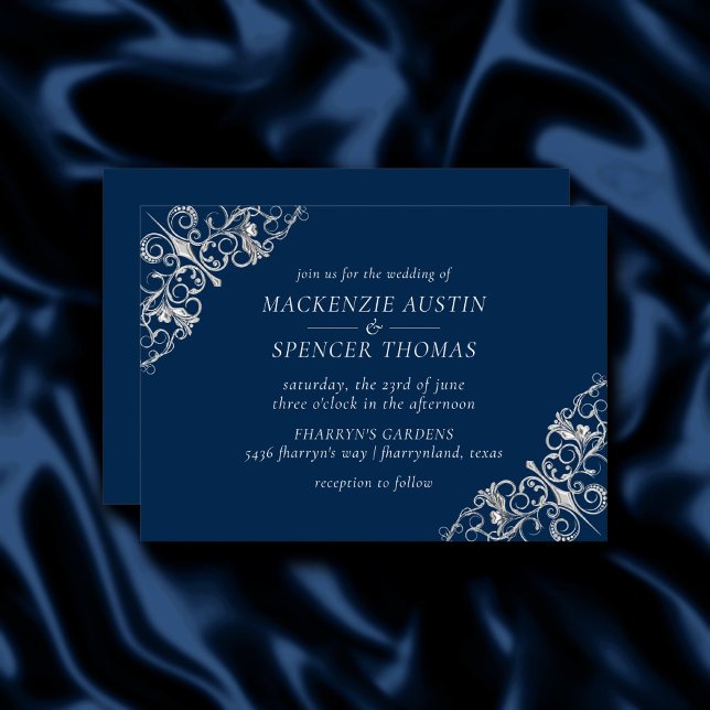 Art Deco Filigree | Silver Grey Navy Blue Wedding Invitation (Creator Uploaded)