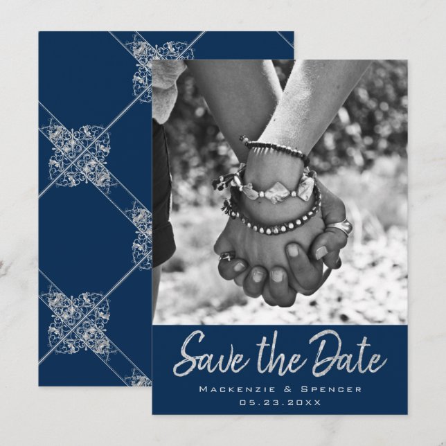 Art Deco Filigree | Silver Grey on Navy Blue Photo Save The Date (Front/Back)