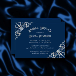 Art Deco Filigree   Silver Navy Blue Bridal Shower Invitation