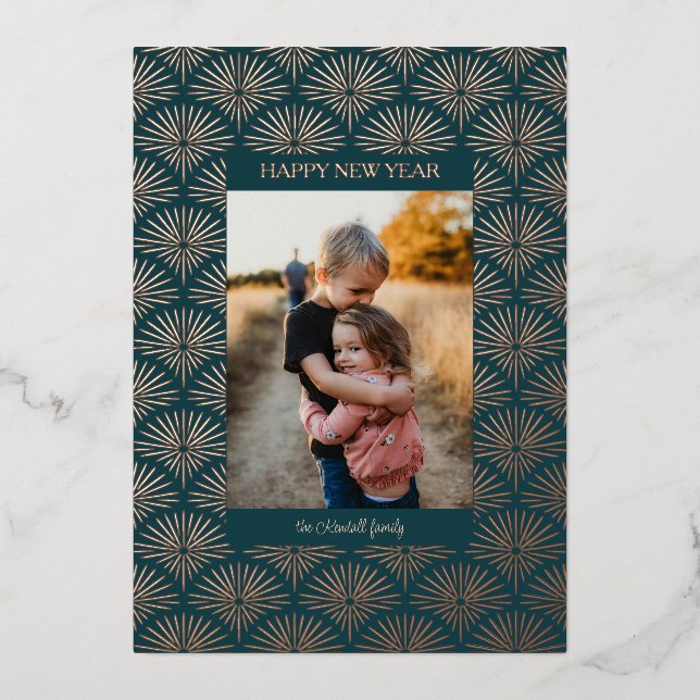 Art deco fireworks pattern photo foil holiday card (Front)