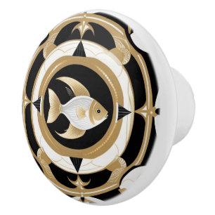 Art Deco Fish Black White and Gold Ceramic Knob