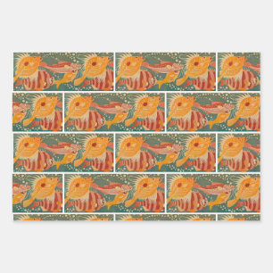 Art Deco Fish in Orange and Green Design Wrapping Paper Sheet