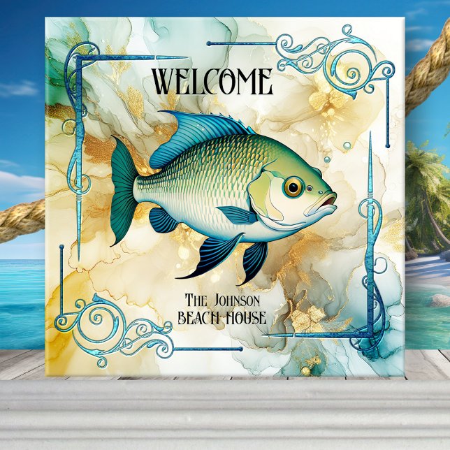 Art Deco Fish Ocean Beach House Ceramic Tile (Tile showing an art deco design with fish. Great for a coastal or beach house or seafood restaurant)