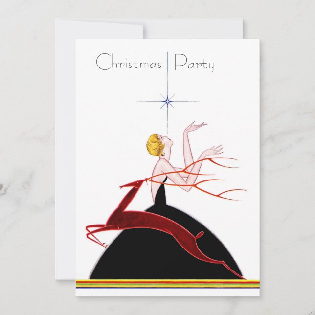 Art Deco Flapper and Deer Christmas Party Invitation (Front)