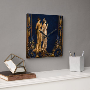 Art Deco flapper girls blue gold Gatsby decoupage Square Wall Clock