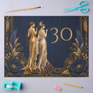  Art Deco flapper girls blue gold Gatsby decoupage Tissue Paper