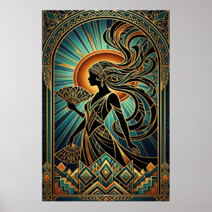 Art Deco Flapper Woman Portrait Gold Teal Poster
