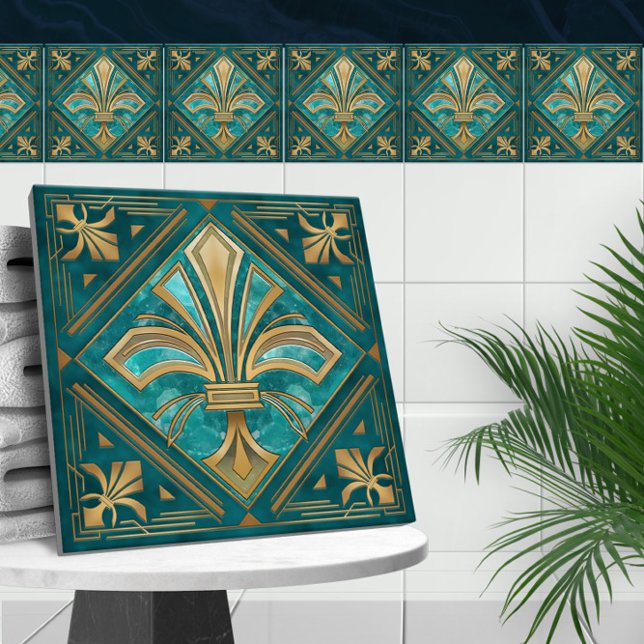Art Deco Fleur-de-lis - Aquamarine and Gold Ceramic Tile (Creator Uploaded)