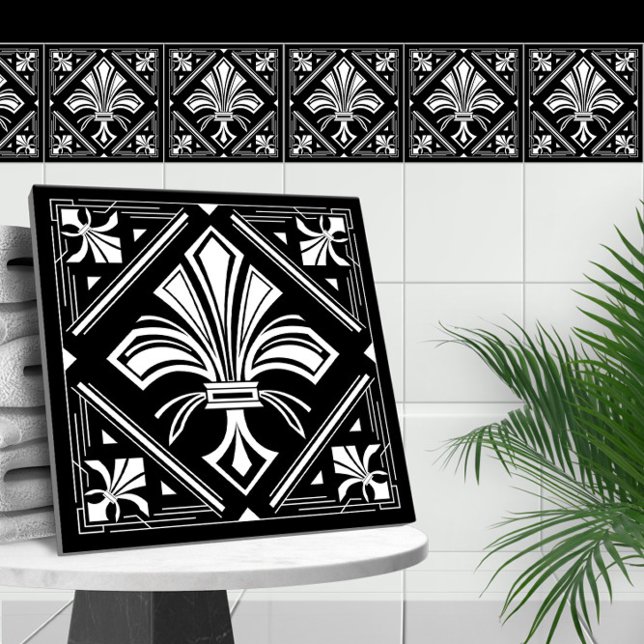 Art Deco Fleur-de-lis - black and white Ceramic Tile (Creator Uploaded)