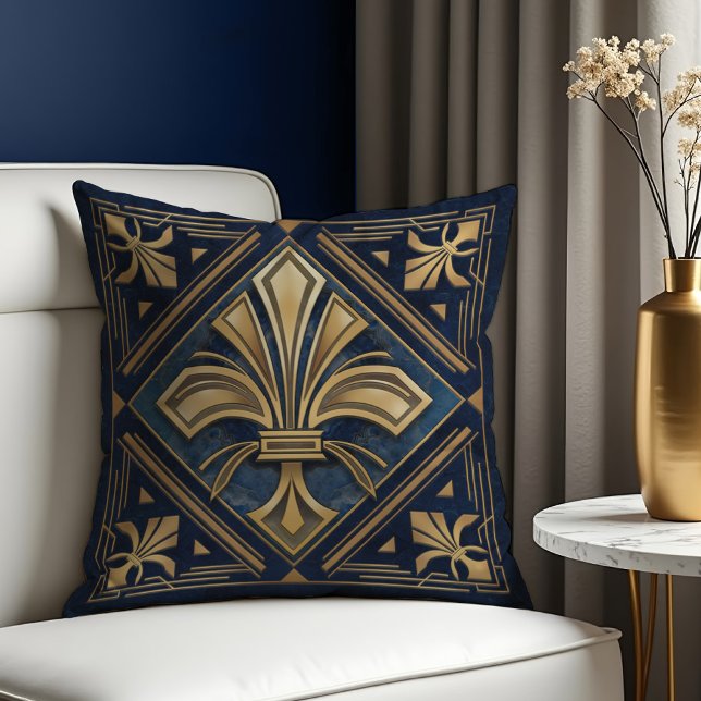 Art Deco Fleur-de-lis Blue and gold Cushion (Creator Uploaded)