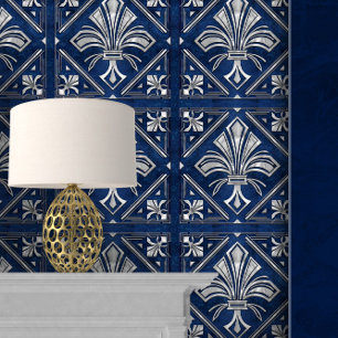 Art Deco Fleur-de-lis Blue and Pearl Wallpaper