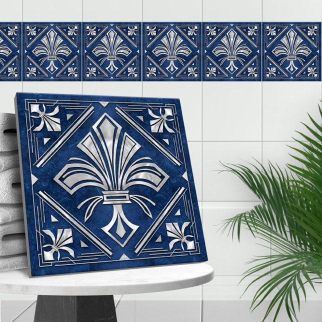 Art Deco Fleur-de-lis - blue marble and pearl Ceramic Tile (Creator Uploaded)