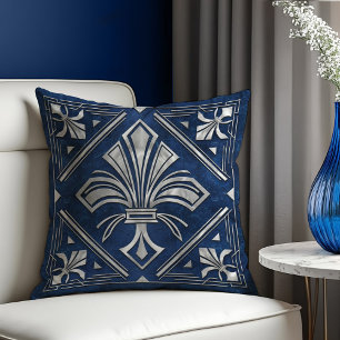 Art Deco Fleur-de-lis Blue marble and Pearl Cushion