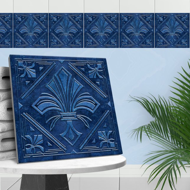 Art Deco Fleur-de-lis - Blue Marble Ceramic Tile (Creator Uploaded)