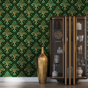 Art Deco Fleur-de-lis  Malachite and Gold Wallpaper