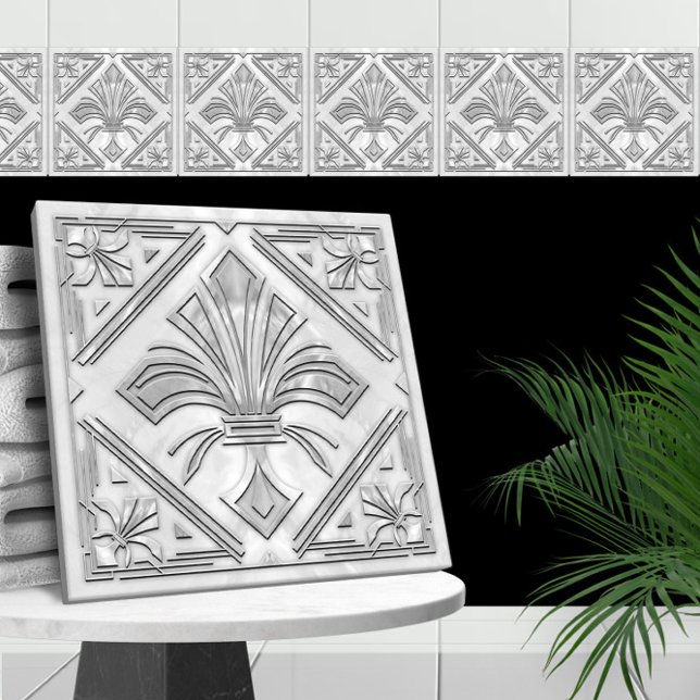 Art Deco Fleur-de-lis - white marble pearl Ceramic Tile (Creator Uploaded)